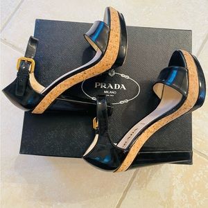 Prada Patent and cork platform high heels.